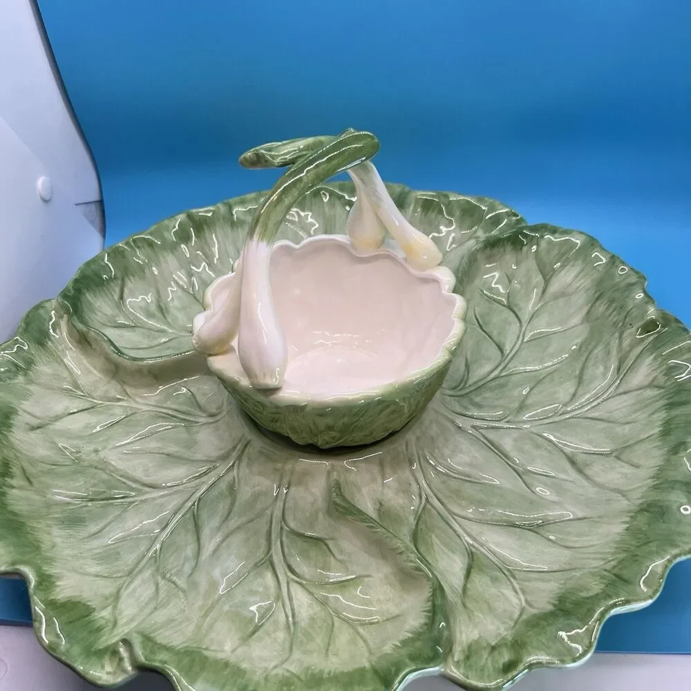Vintage Fitz 1982 & Floyd Ironstone Cabbage Leaf spring onion Chip & Dip Set ff